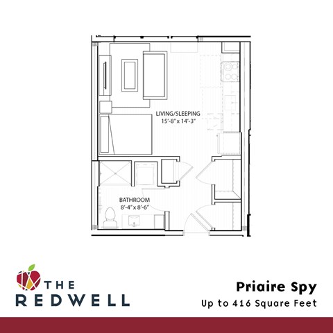 A floor plan for a living/sleeping area and bathroom for a property called Priaire Spy.